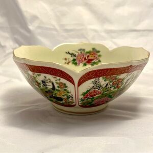 Vintage Japanese Bowl Bottom Stamped Mark Ornate Floral Peacock Gold Scalloped